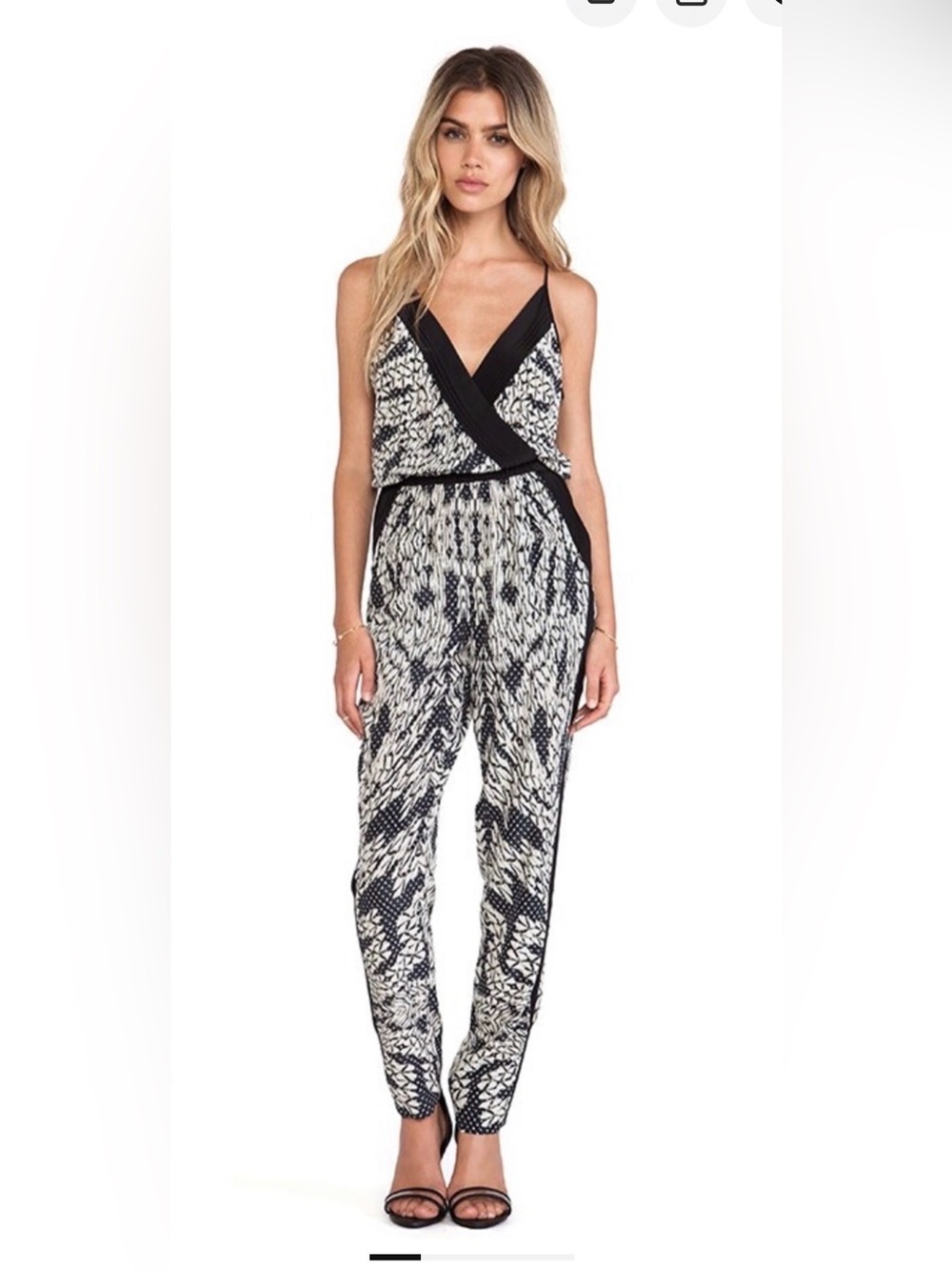 Diane Von Furstenberg 100% silk Black and Cream Patterned Wrap jumpsuit suit